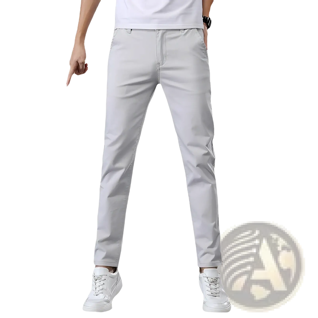 Light gray slim fit elastic cotton chino pants made of smooth lightweight fabric with straight leg design