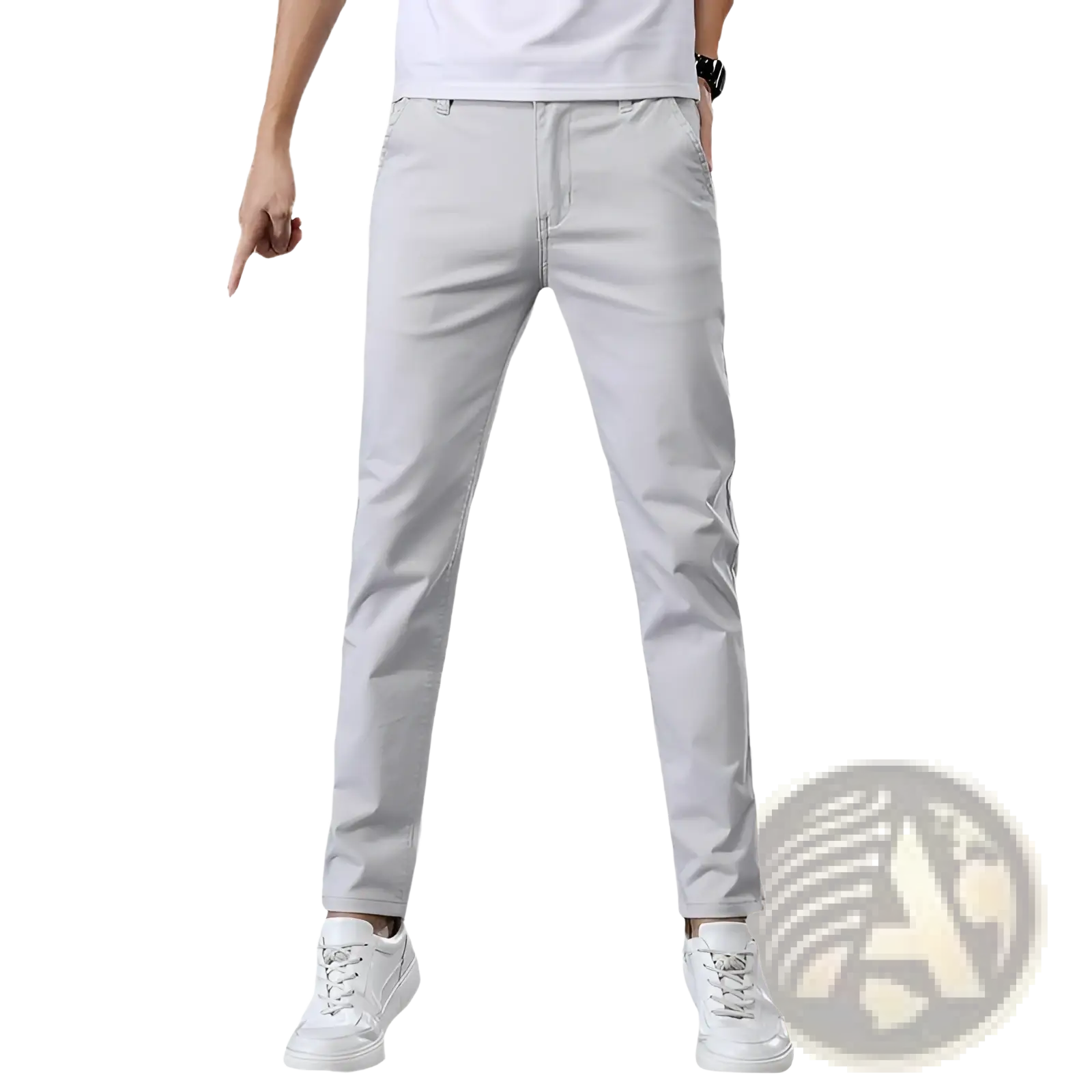 Light gray slim fit elastic cotton chino pants made of smooth lightweight fabric with straight leg design