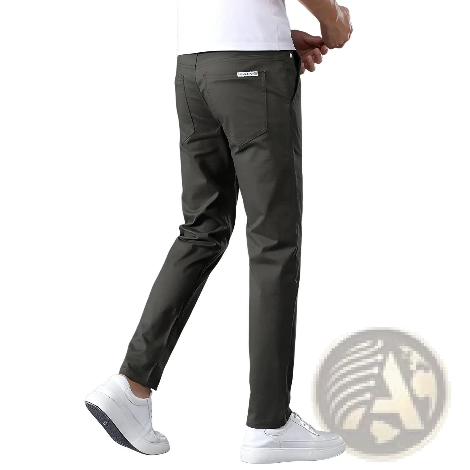 Men’s olive green slim fit elastic cotton straight leg chino pants shown from the back side