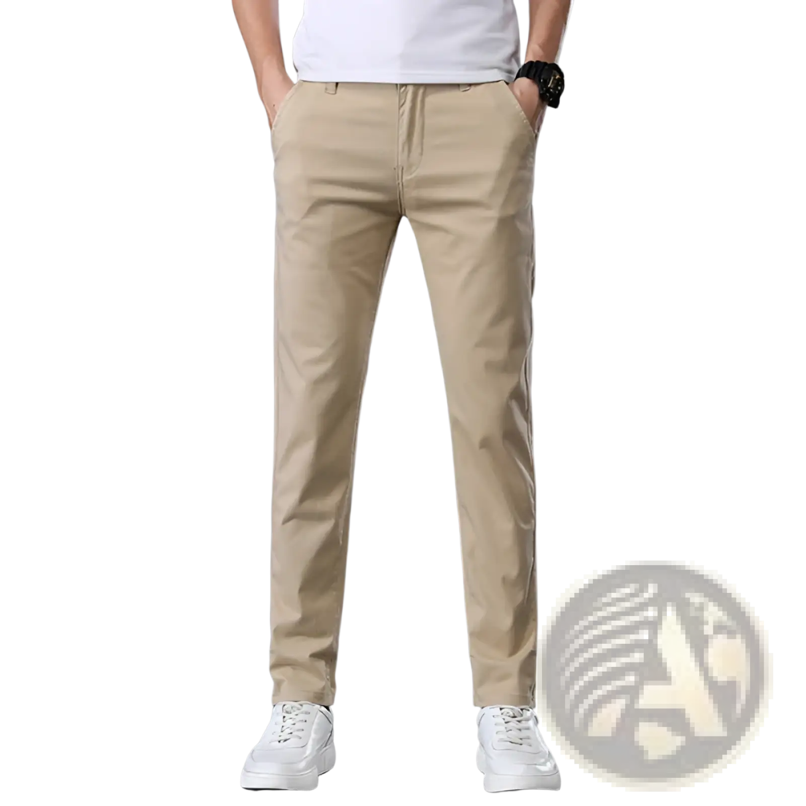 Men’s khaki slim fit elastic cotton straight leg chino pants with subtle stitching details and a slim cut design