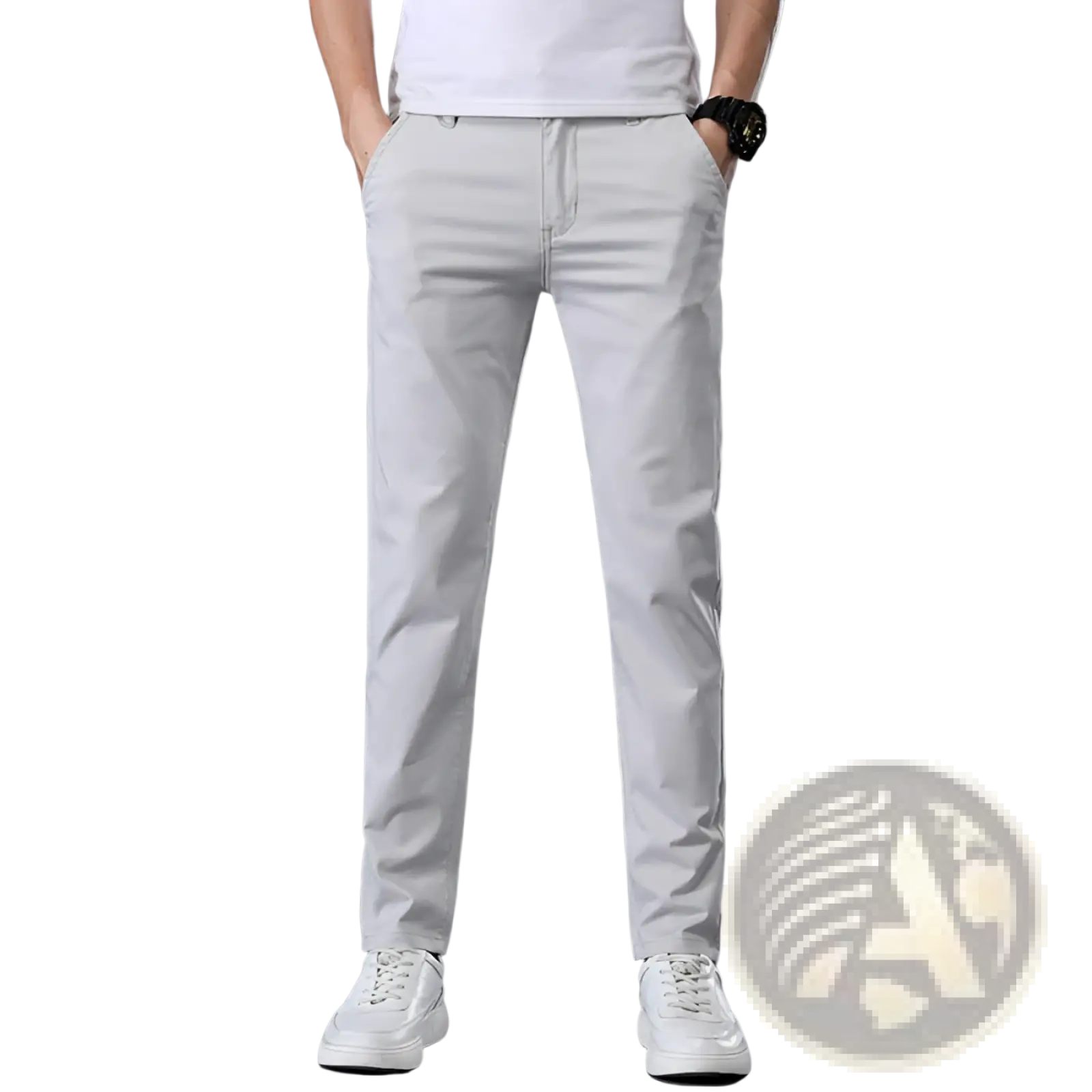 Light gray slim fit elastic cotton twill chinos for men with straight leg and modern design