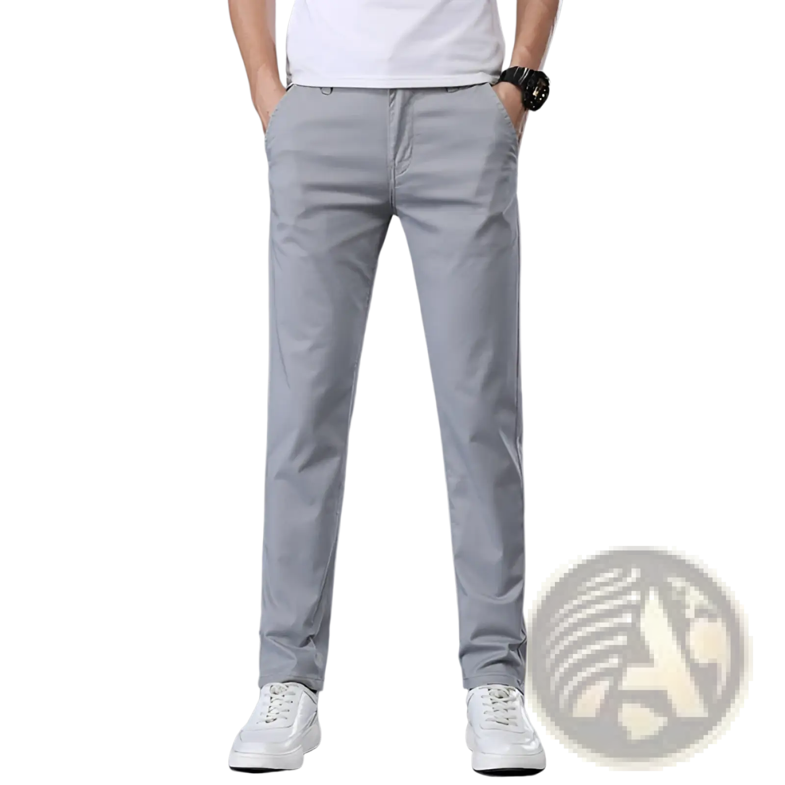 Light gray slim fit elastic cotton chino pants with straight legs and subtle creases for men
