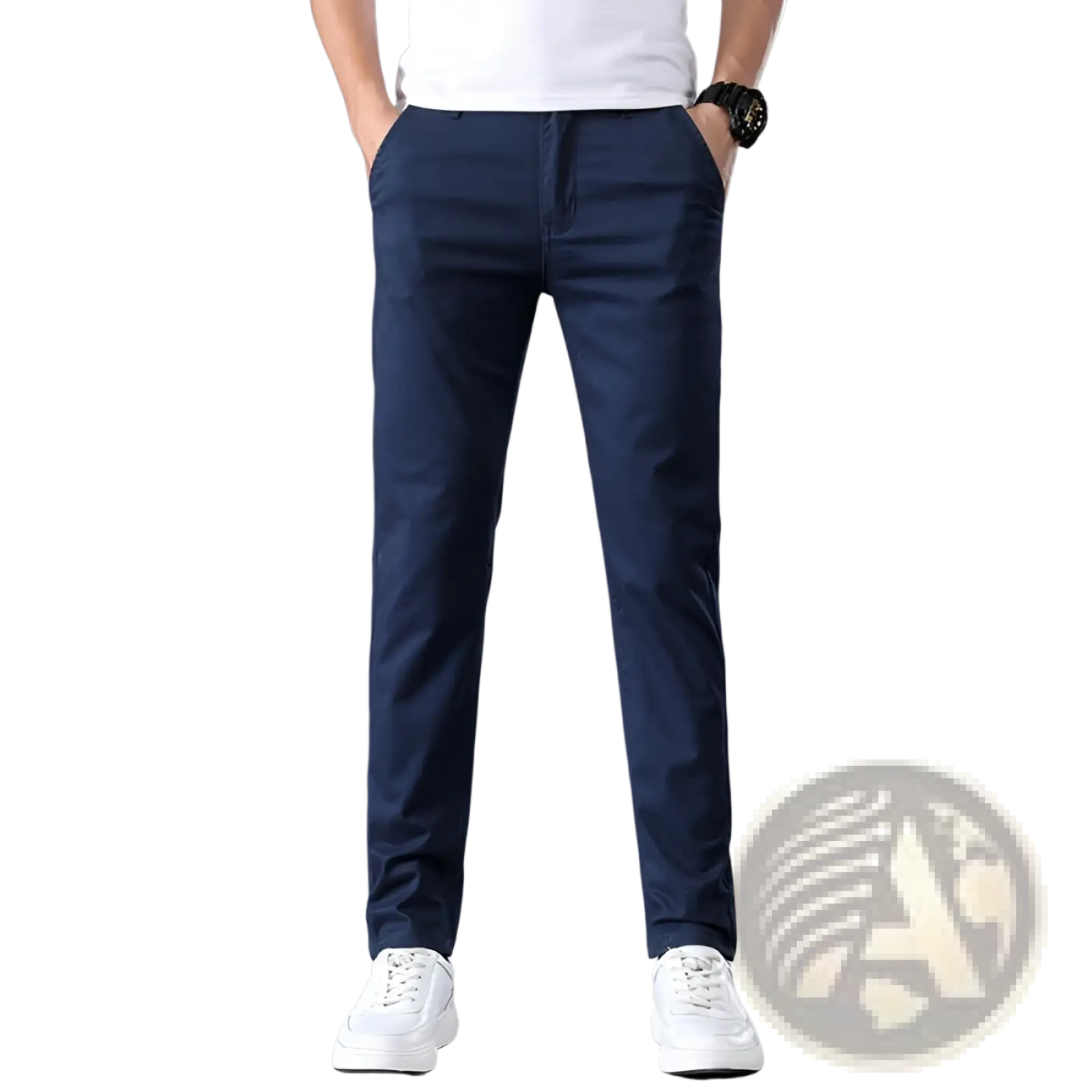 Men’s dark navy slim fit elastic cotton chino pants with straight leg and subtle creases displayed from the back side
