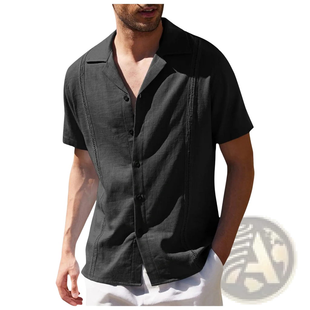 Men’s slim fit black linen short sleeve shirt with textured fabric and decorative stitching along the front placket