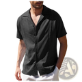 Men’s slim fit black linen short sleeve shirt with textured fabric and decorative stitching along the front placket