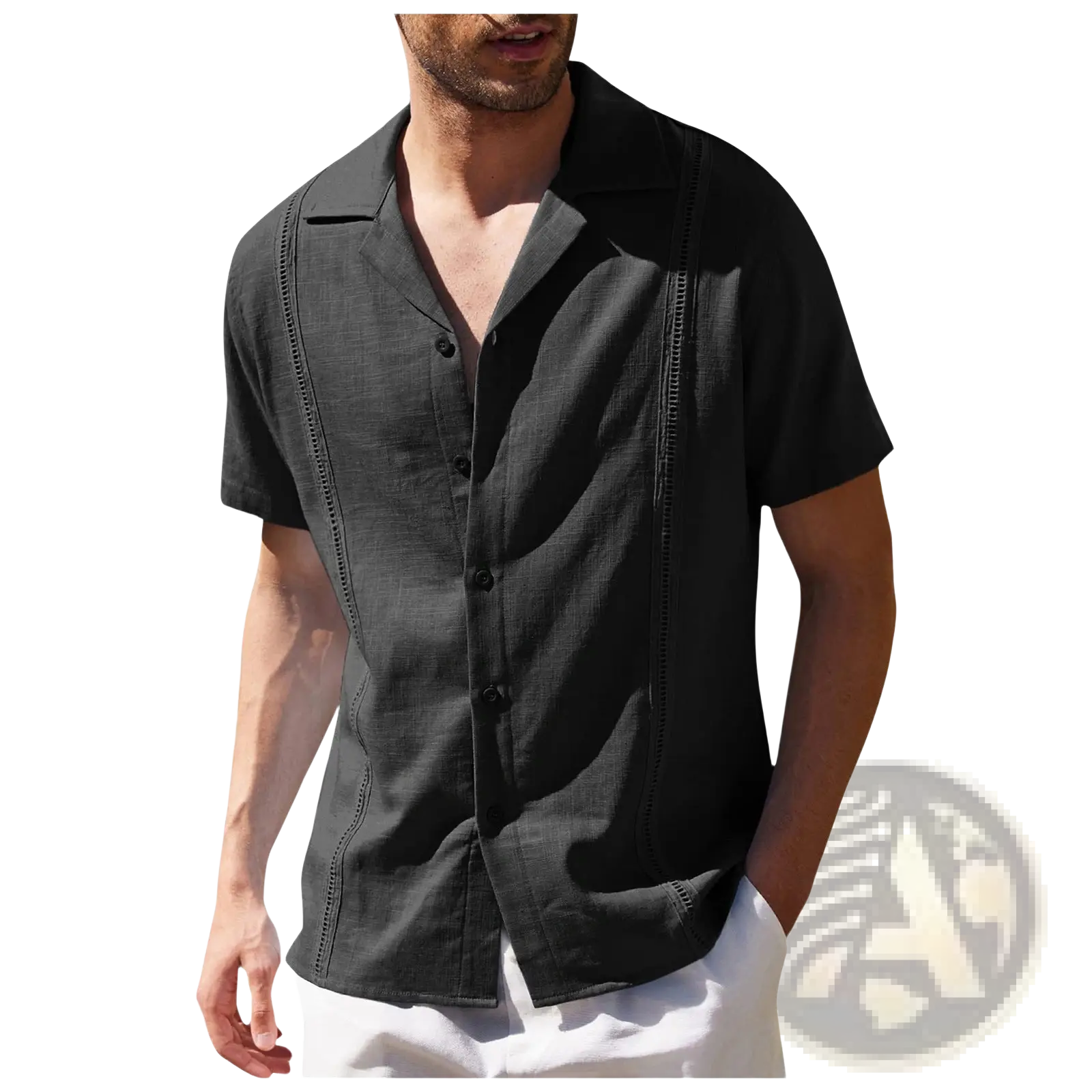 Men’s slim fit black linen short sleeve shirt with textured fabric and decorative stitching along the front placket