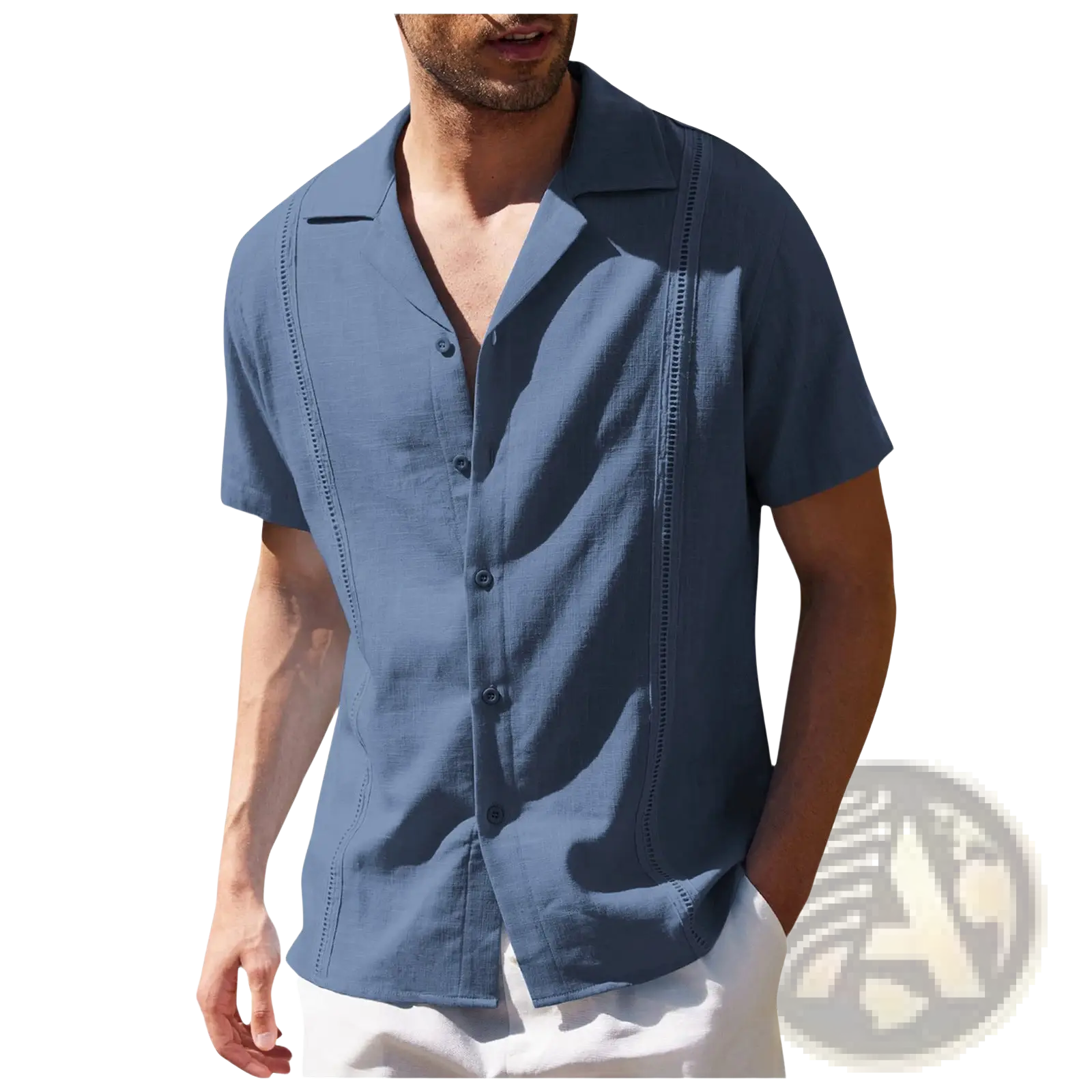 Men’s slim fit embroidered linen short sleeve shirt in solid navy blue with vertical stitching on front placket and collar