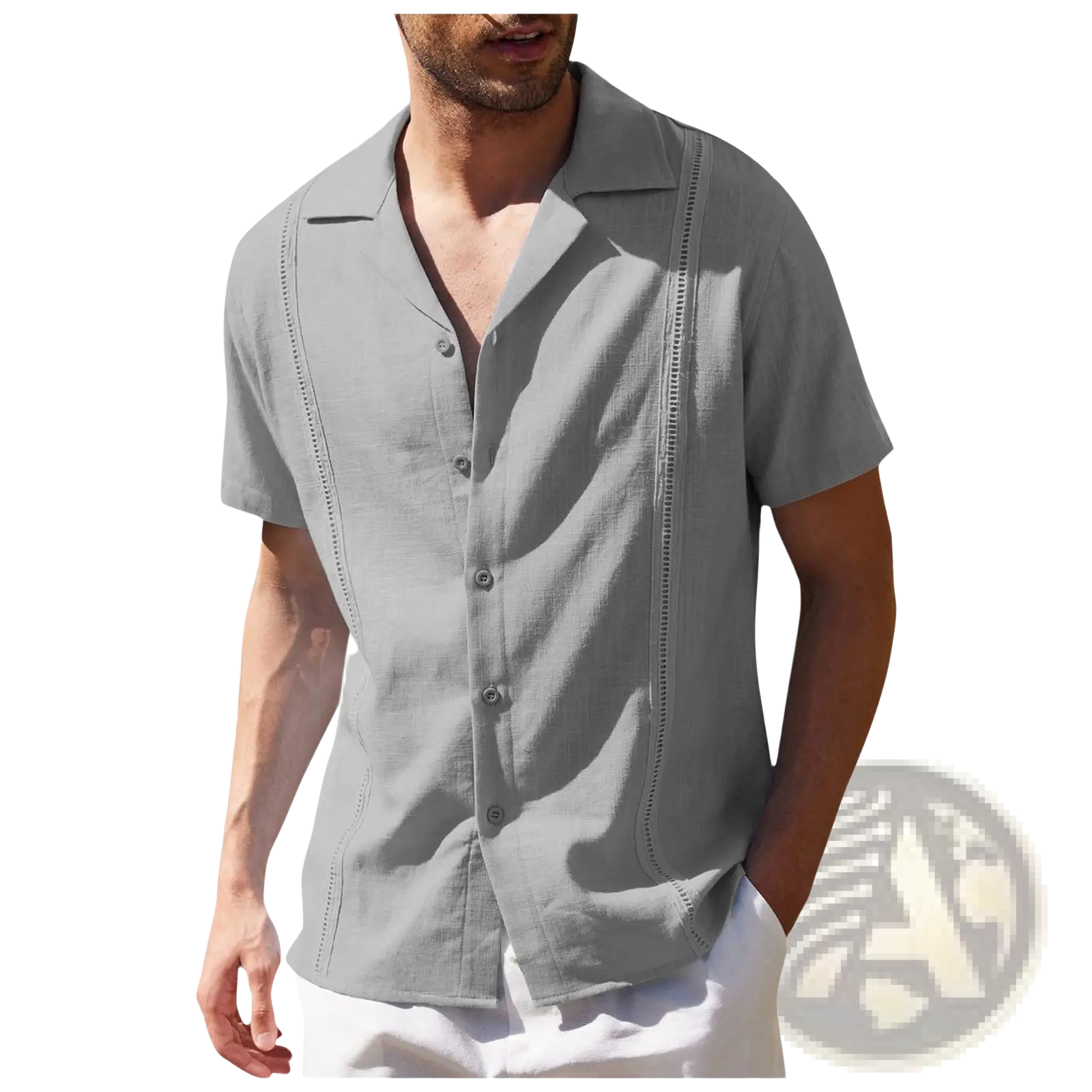 Men’s slim fit gray linen short sleeve shirt with subtle vertical stitching along front placket and sides