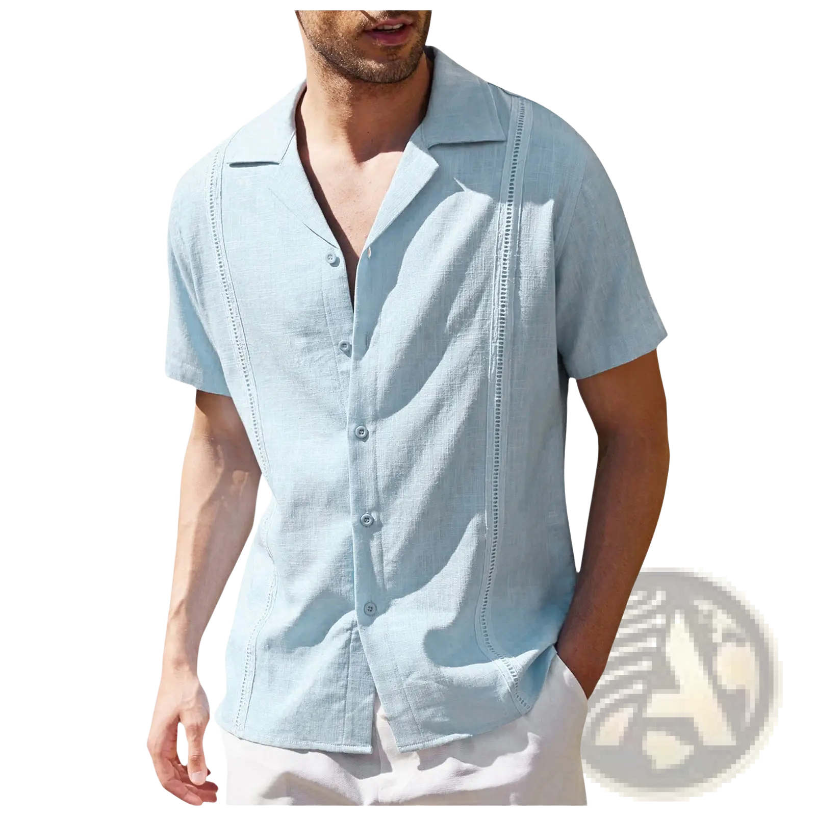 Men’s slim fit light blue linen short sleeve shirt with subtle embroidered detailing along the front placket