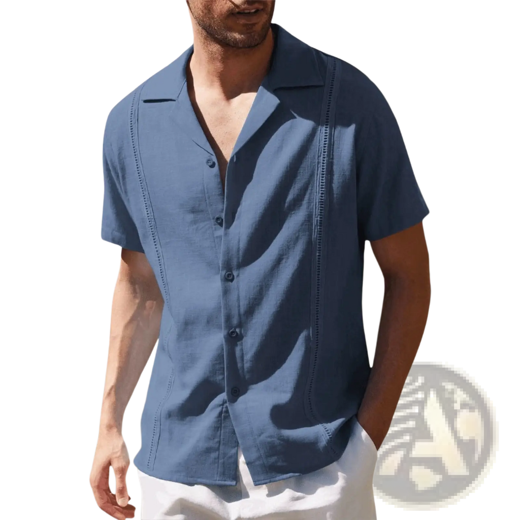 Men’s slim fit blue linen short sleeve shirt with button-down front and decorative side stitching