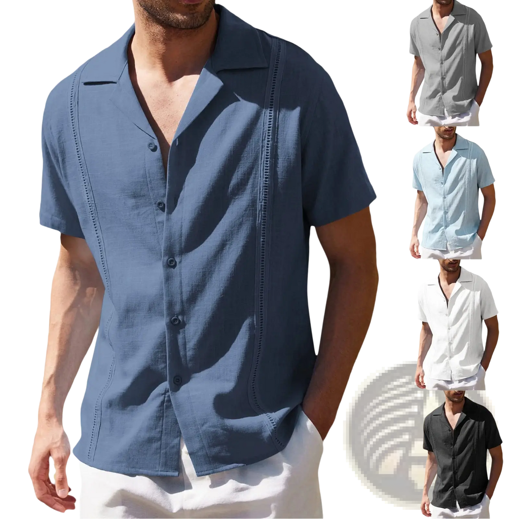 Men’s slim fit blue linen short sleeve shirt with embroidered detailing along front seams