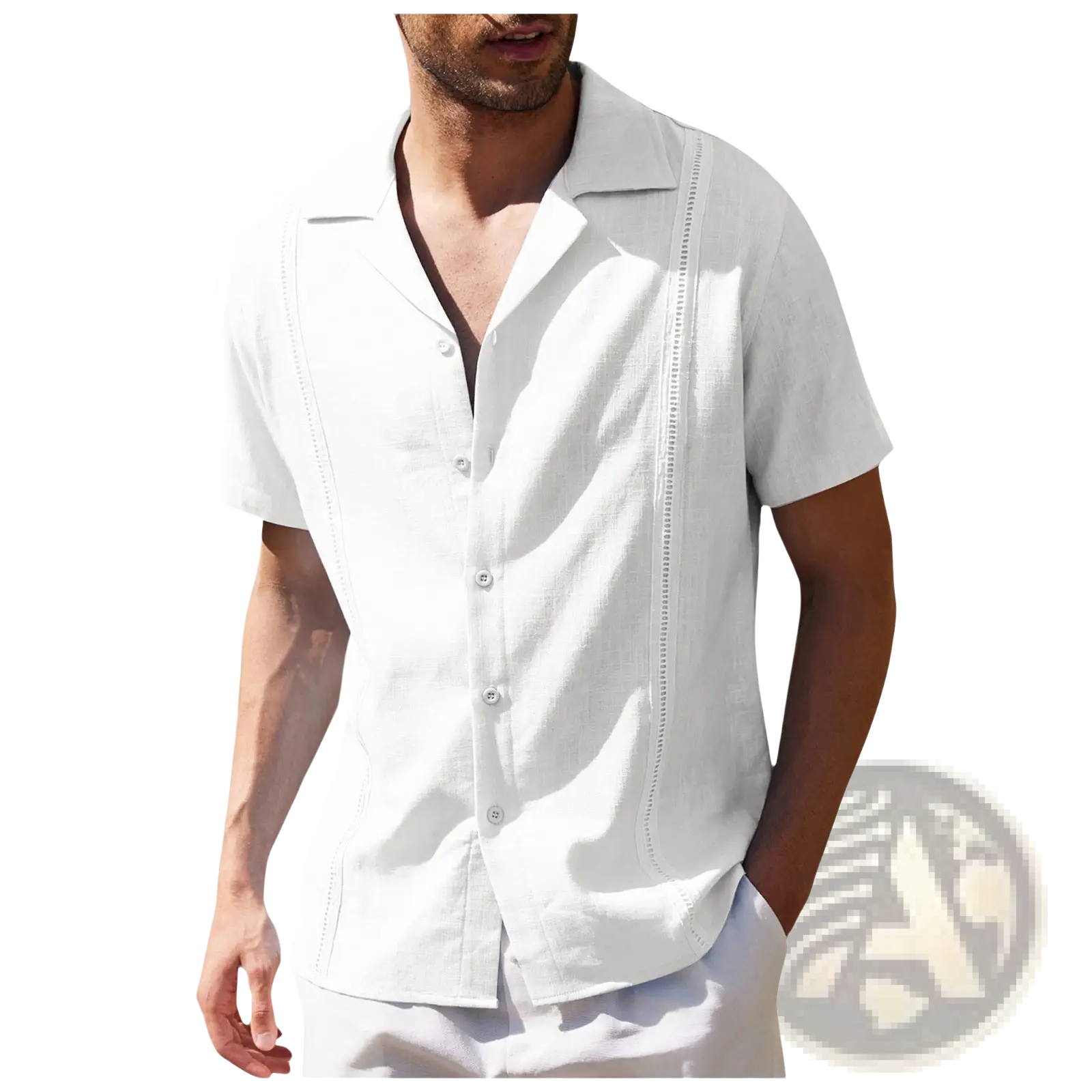 Men’s slim fit white linen short sleeve shirt with embroidered detailing on front placket and side seams
