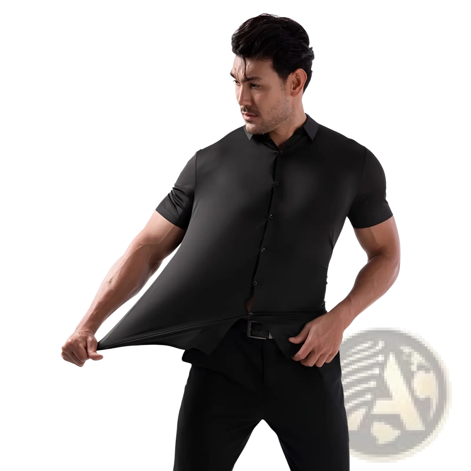 Men’s slim fit black short sleeve button-up shirt with four way stretch fabric and non iron finish