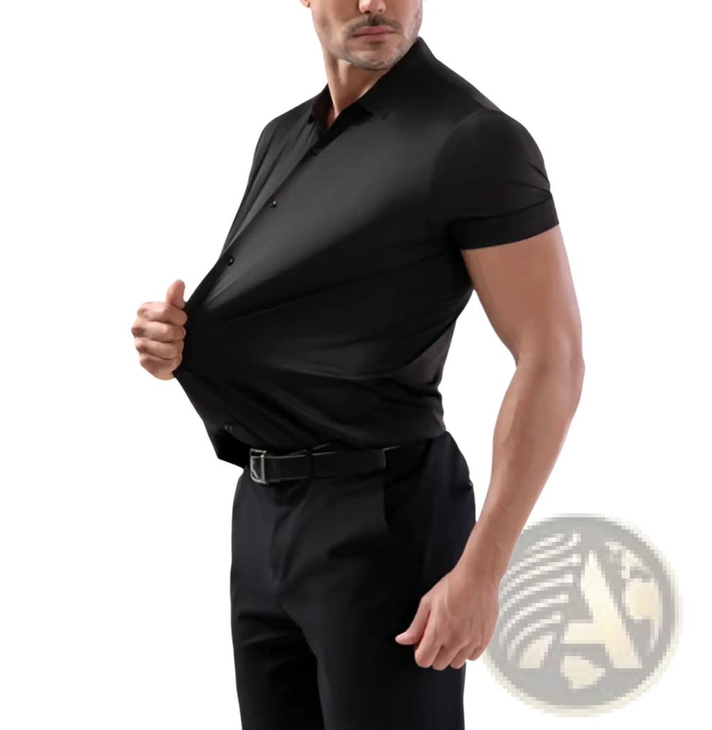 Men’s slim fit black short sleeve button-up shirt with four way stretch fabric and non iron finish