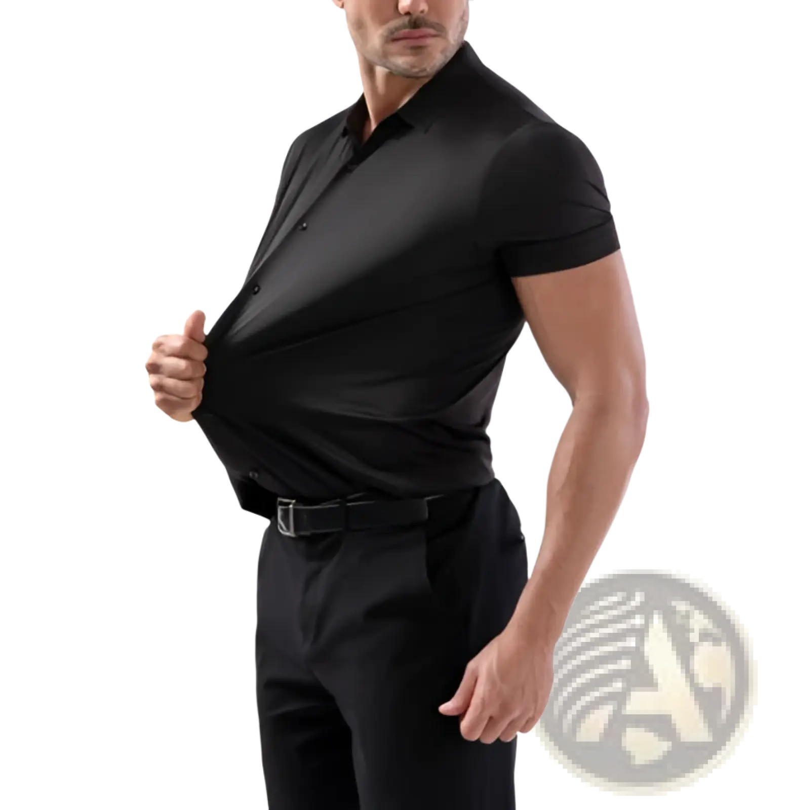 Men’s slim fit black short sleeve button-up shirt with four way stretch fabric and non iron finish