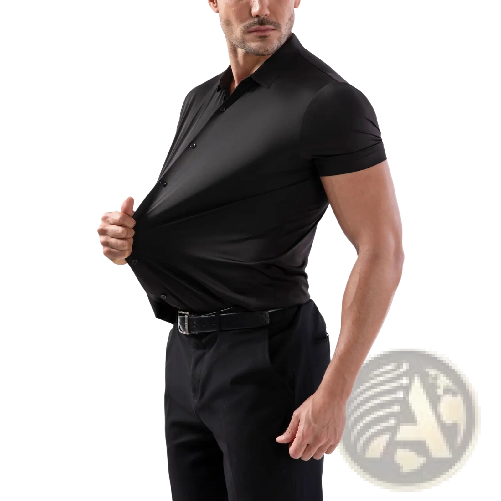 Men’s slim fit black short sleeve polo shirt with four way stretch non iron fabric and subtle sheen