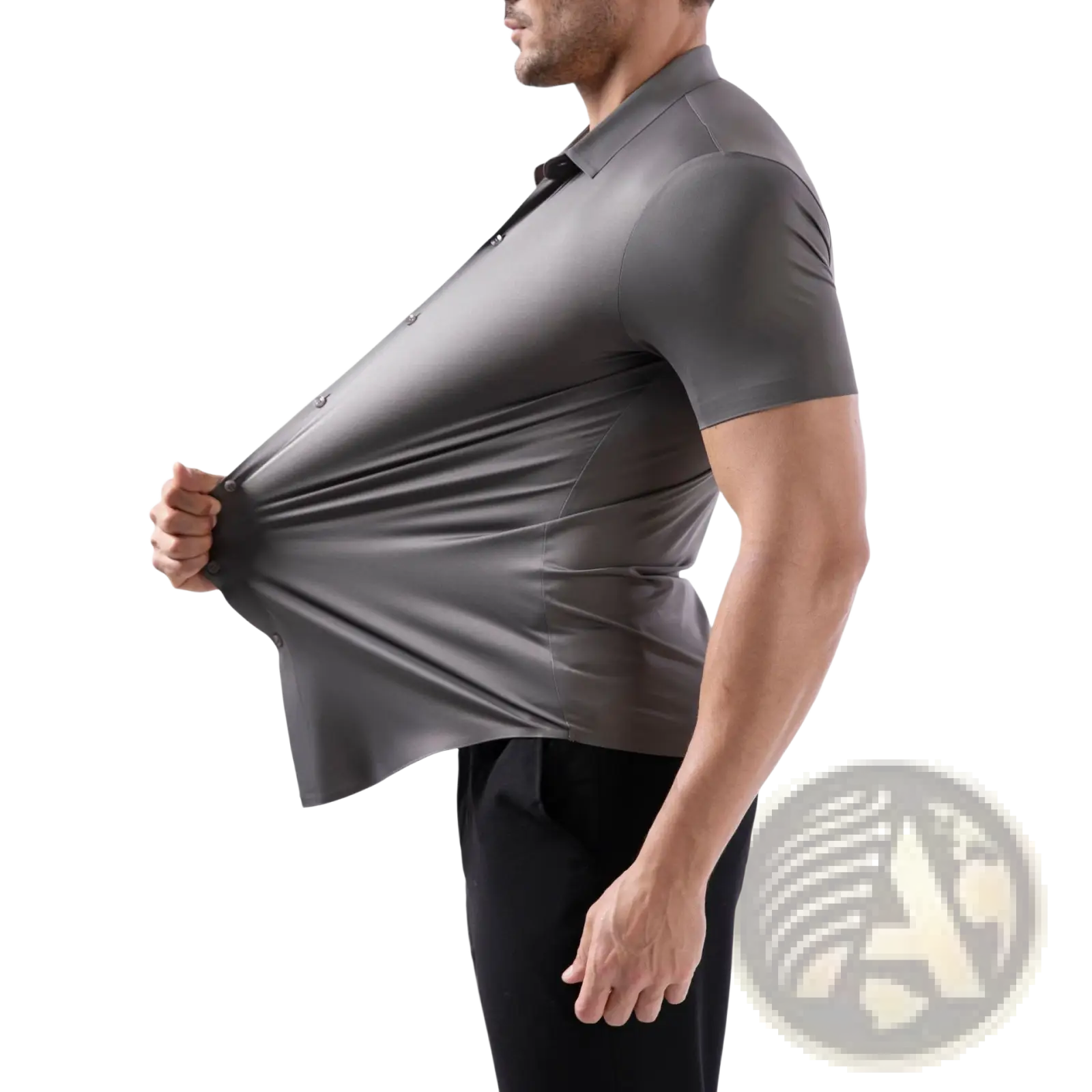 Men’s slim fit dark gray short sleeve polo shirt with modern fit and subtle stitching four way stretch non iron fabric