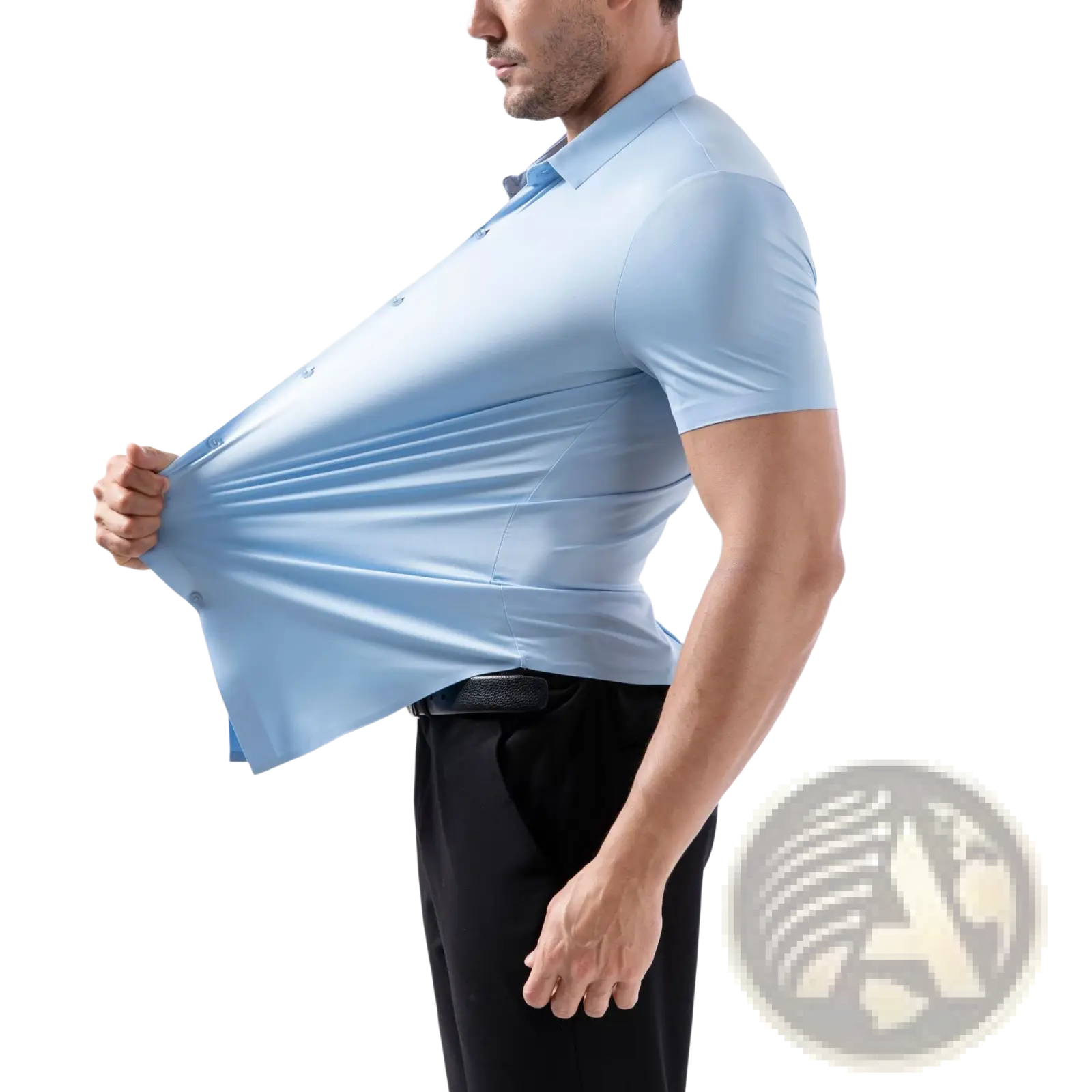 Men’s slim fit light blue short sleeve polo shirt with collar and buttoned front made of four way stretch non iron fabric