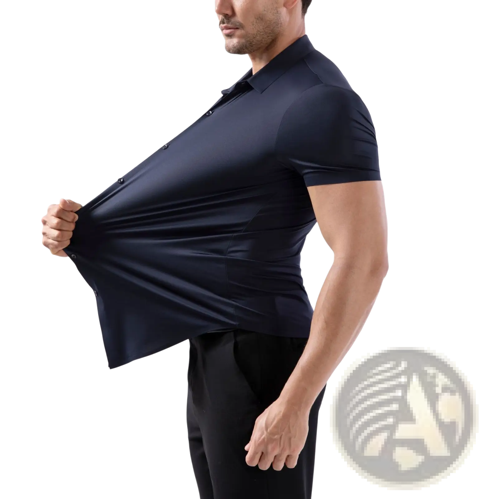 A sleek navy blue men’s slim fit four way stretch non iron short sleeve polo shirt with classic collar and buttoned front
