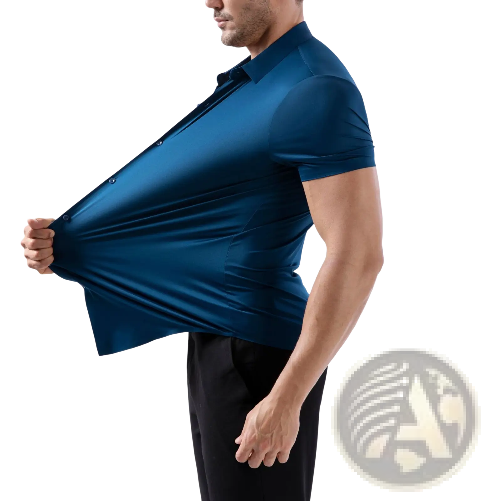 Men’s slim fit deep blue non iron short sleeve polo shirt with smooth stretchy fabric and subtle sheen