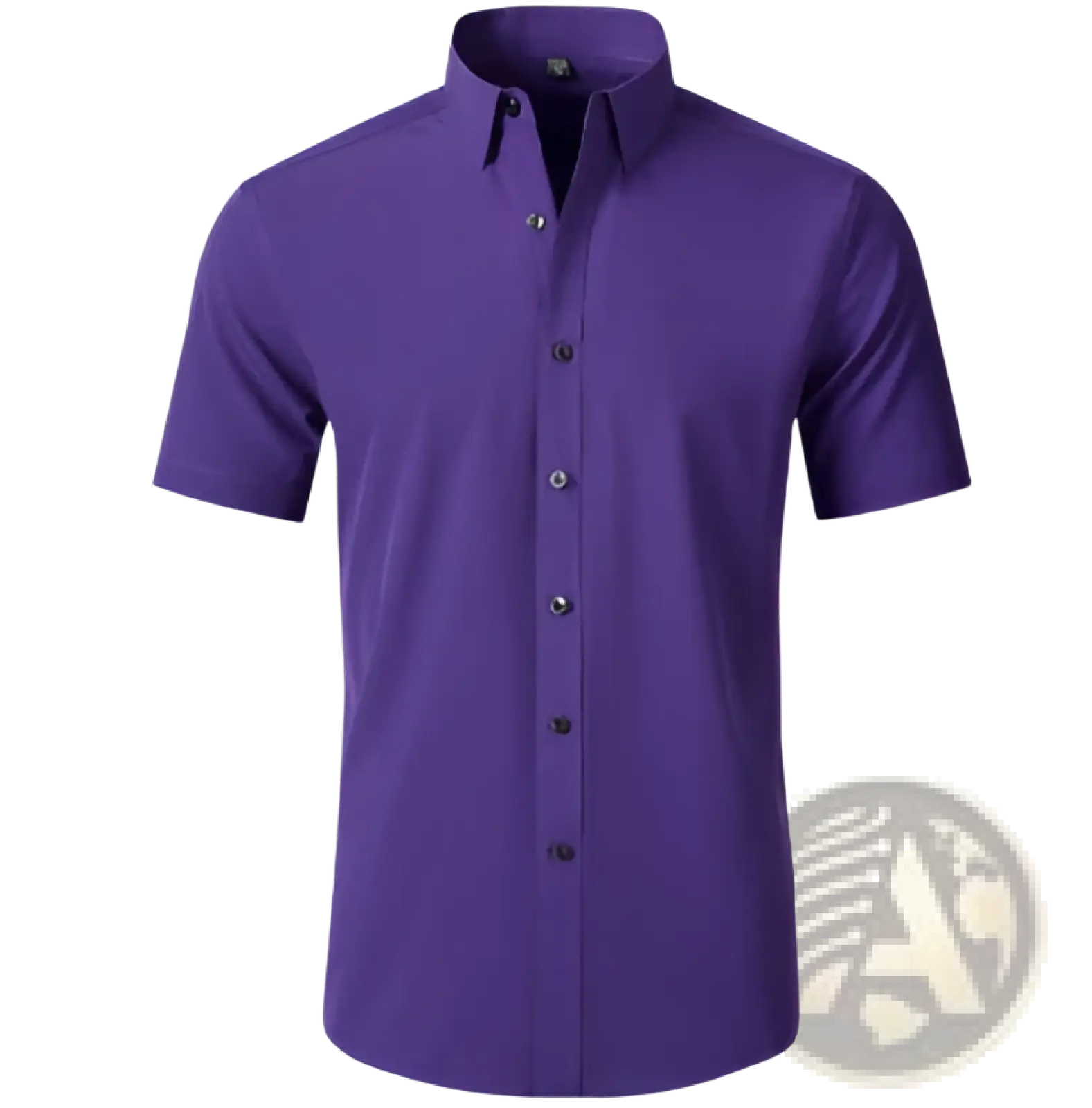 Men’s slim fit purple short sleeve button-up shirt with classic collar dark buttons and four way stretch non iron fabric