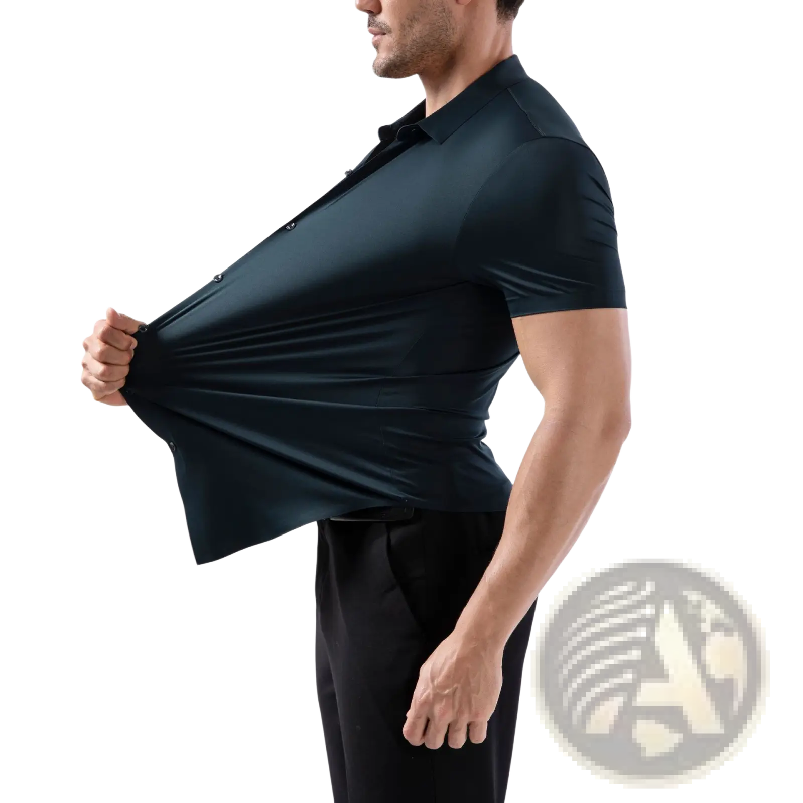 Men’s slim fit dark navy short sleeve polo shirt with four way stretch non iron fabric and classic collar