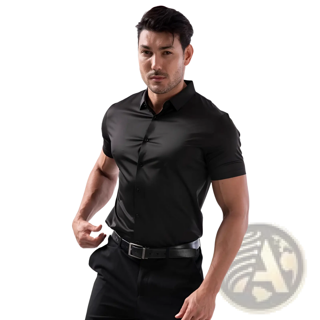 Men’s slim fit black short sleeve button-up shirt with four way stretch and non iron fabric in sleek fitted design