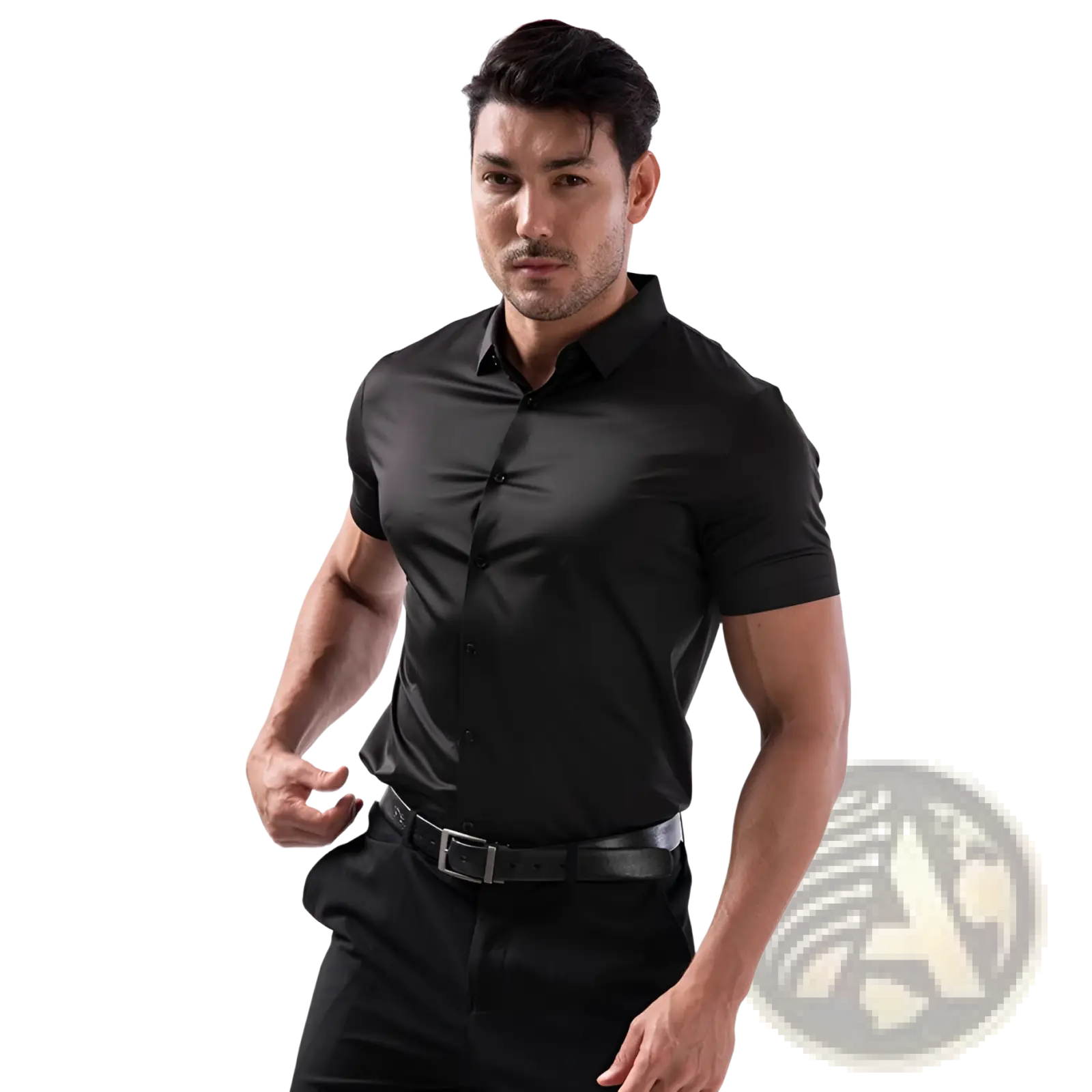 Men’s slim fit black short sleeve button-up shirt with four way stretch and non iron fabric in sleek fitted design
