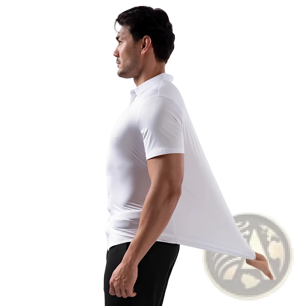 White men’s slim fit short sleeve polo shirt with collar button placket and four way stretch non iron fabric