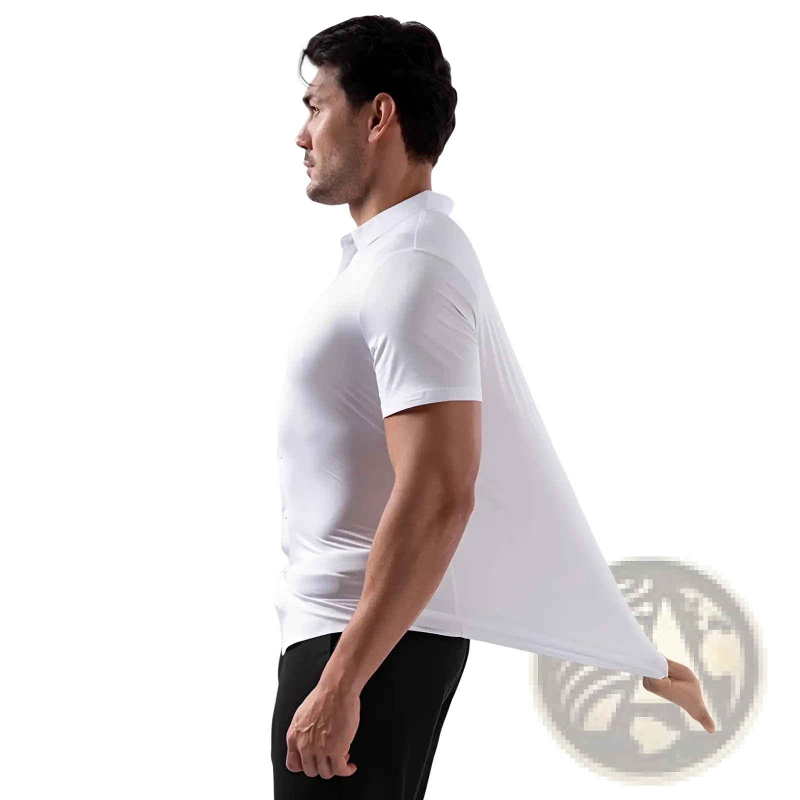 White men’s slim fit short sleeve polo shirt with collar button placket and four way stretch non iron fabric