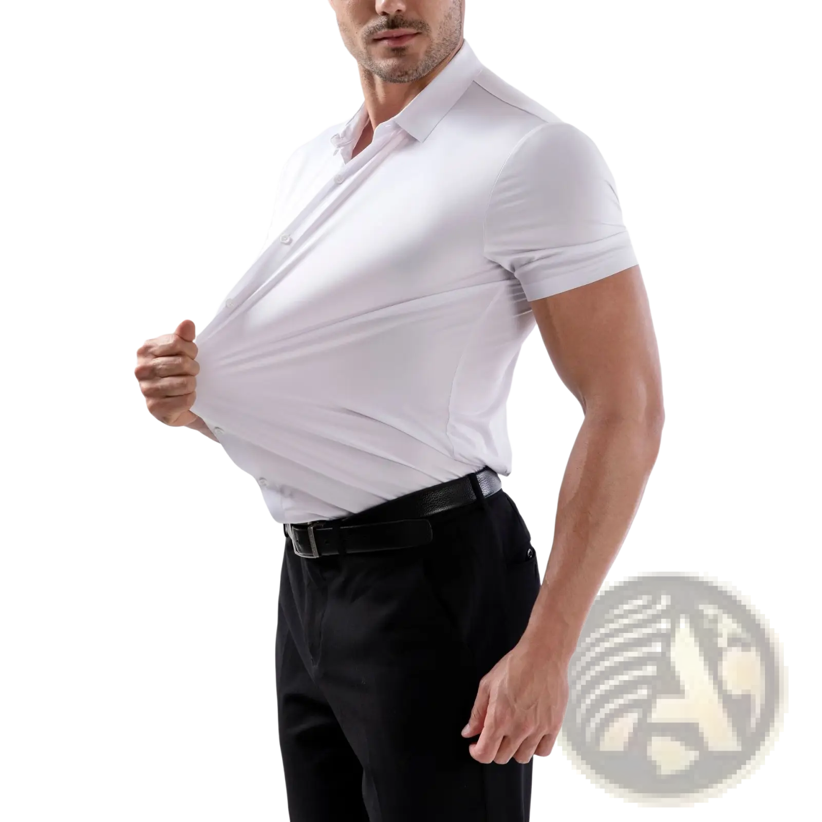 Men’s slim fit white short sleeve polo shirt with crisp collar and subtle texture non iron four way stretch material