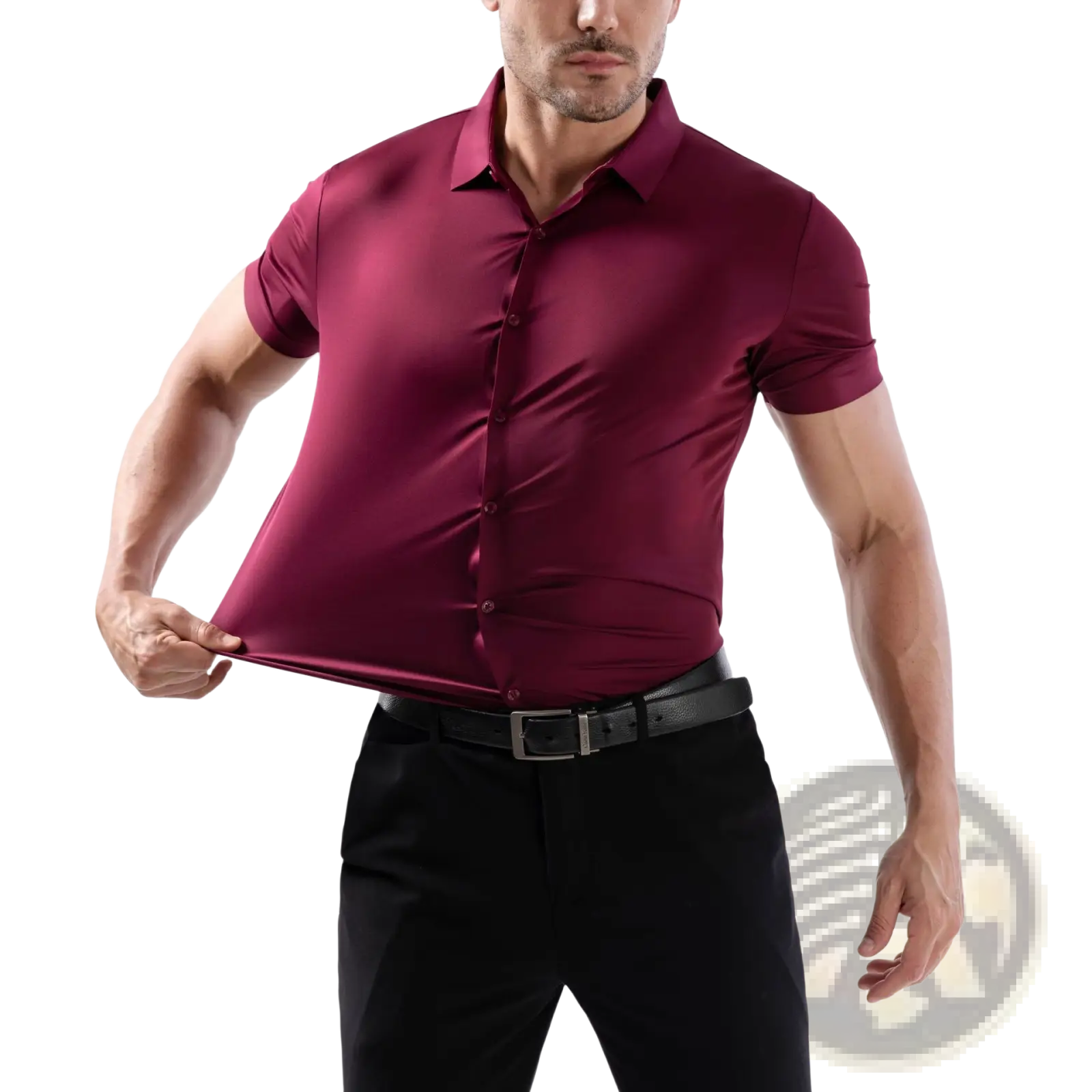 Men’s slim fit maroon short sleeve button-up shirt with four way stretch satin finish non iron fabric