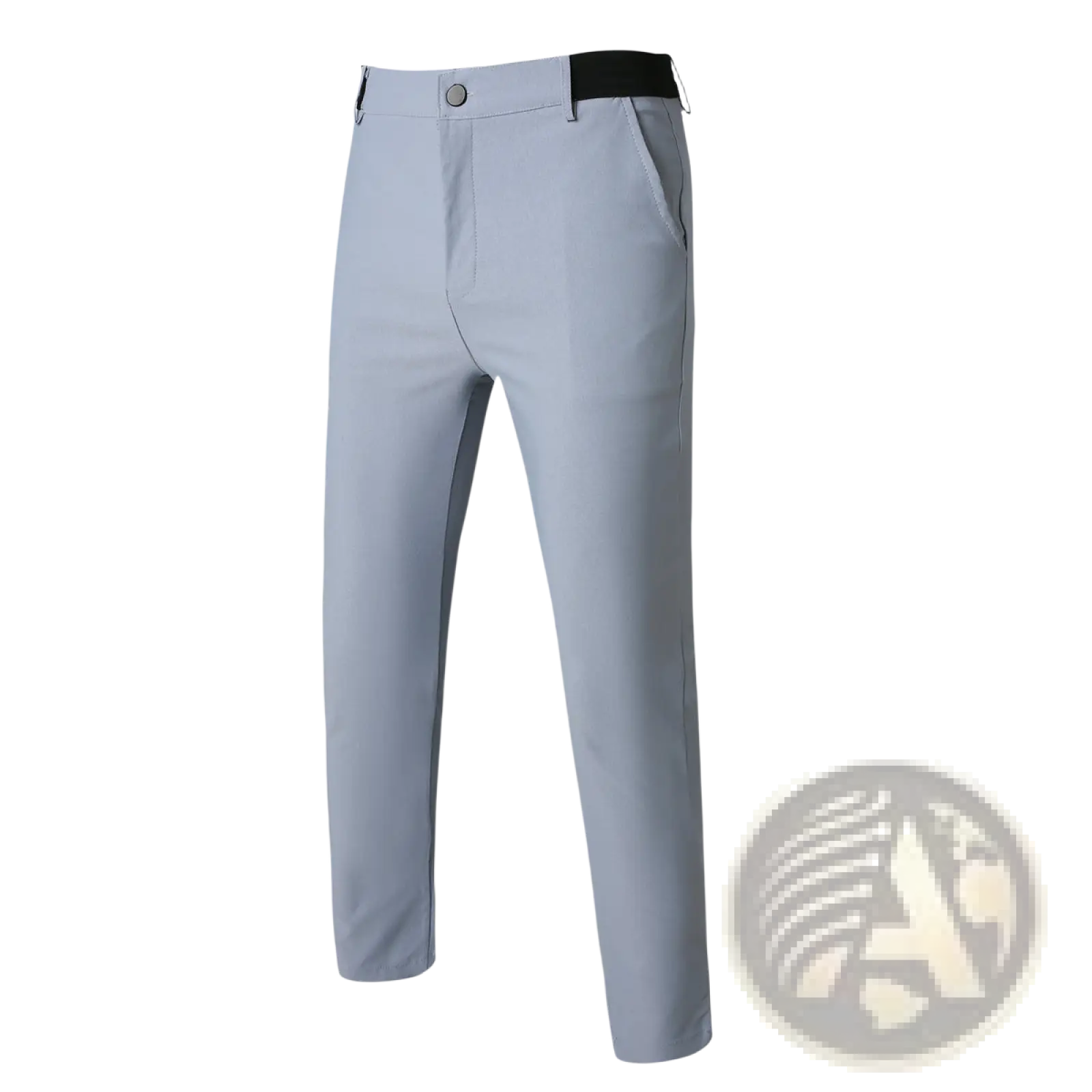 Men’s slim fit high stretch light gray business trousers with black belt loop and button closure for formal wear