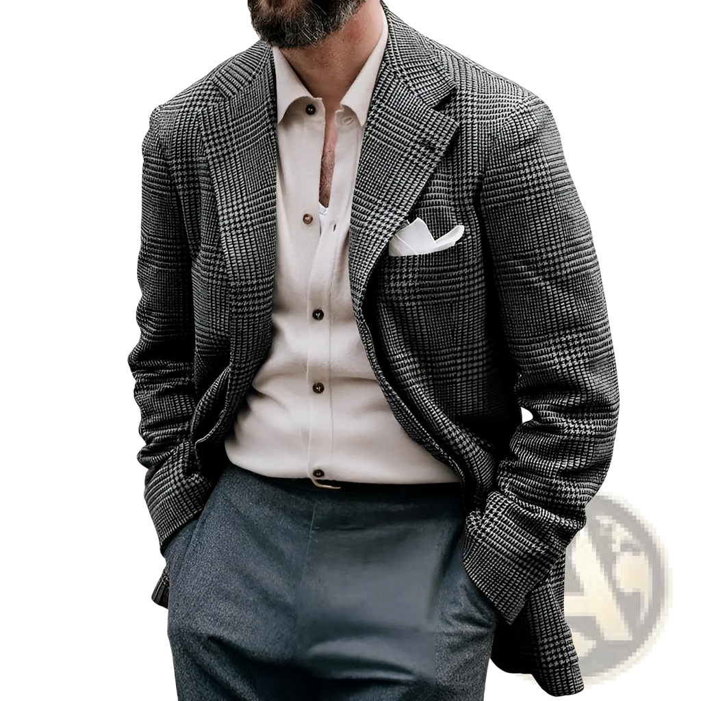 Men’s slim fit double breasted houndstooth wool blazer in charcoal and white with a tailored fit