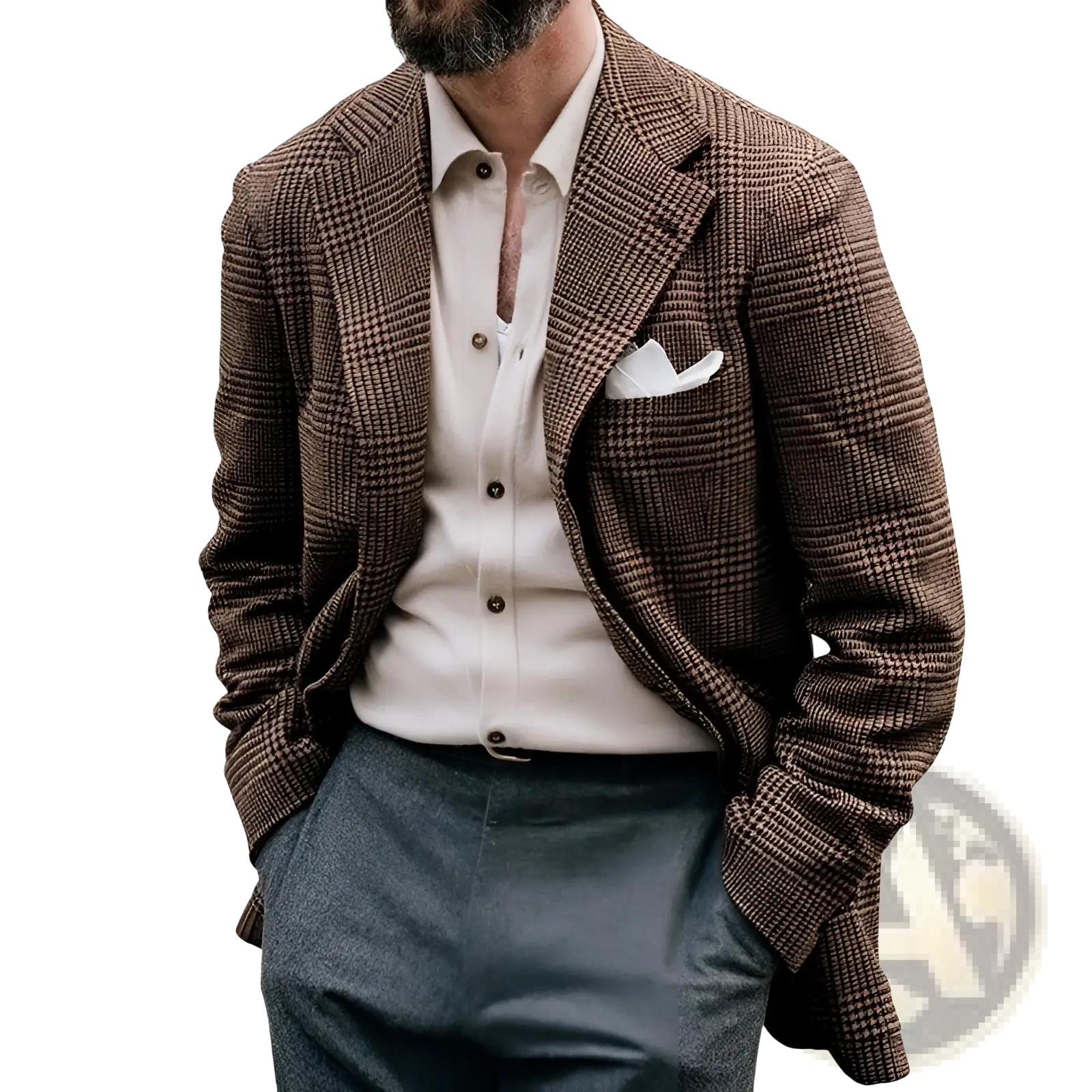 Men’s slim fit brown houndstooth double breasted wool blazer with classic notched lapel and white pocket square
