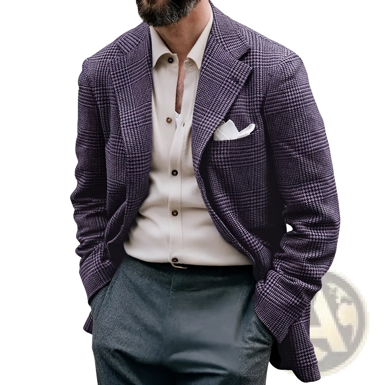 Men’s slim fit purple plaid wool blazer with subtle herringbone texture and matching pocket square double breasted design