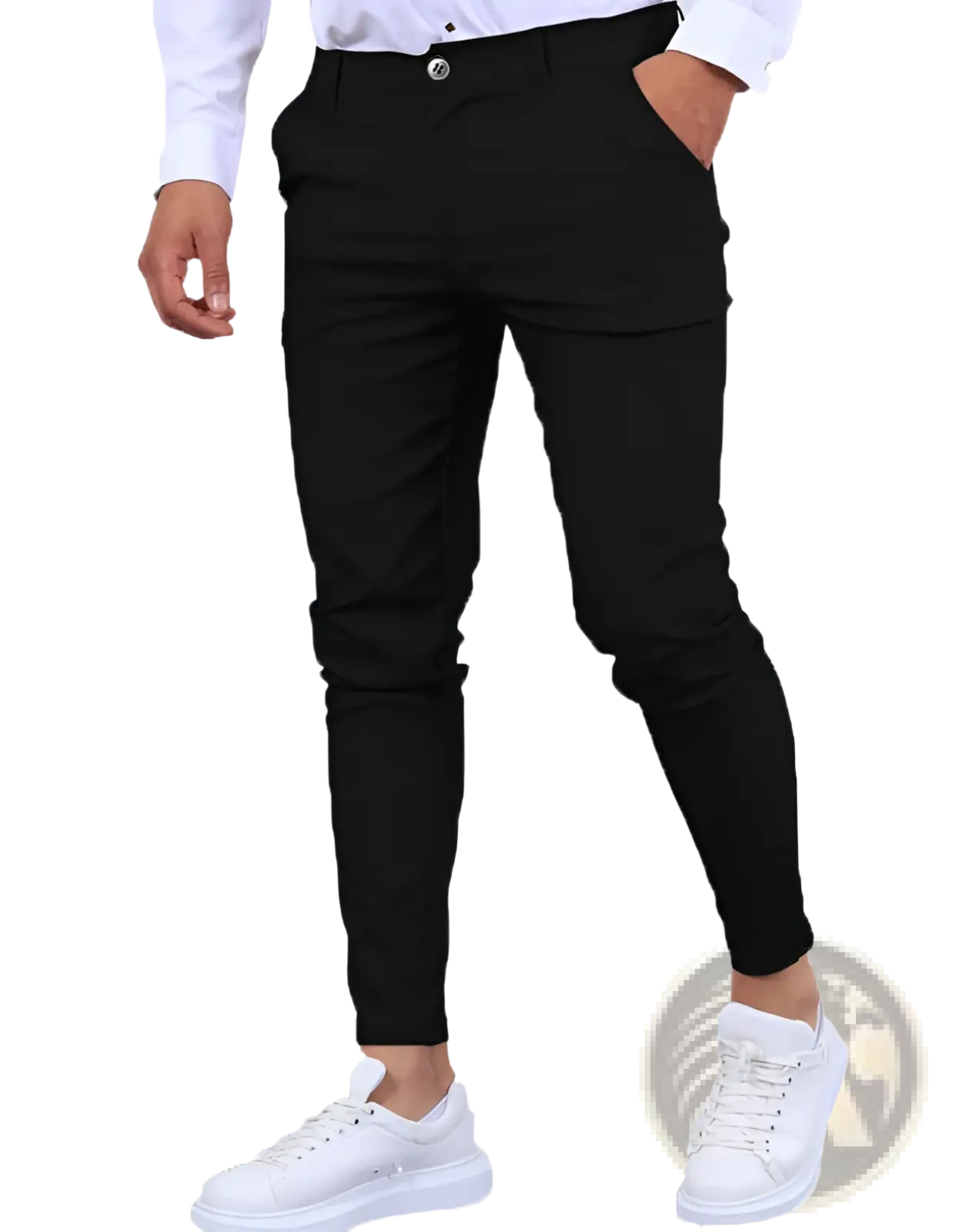 Men’s black slim fit ice silk business casual trousers with sleek modern design and single button closure