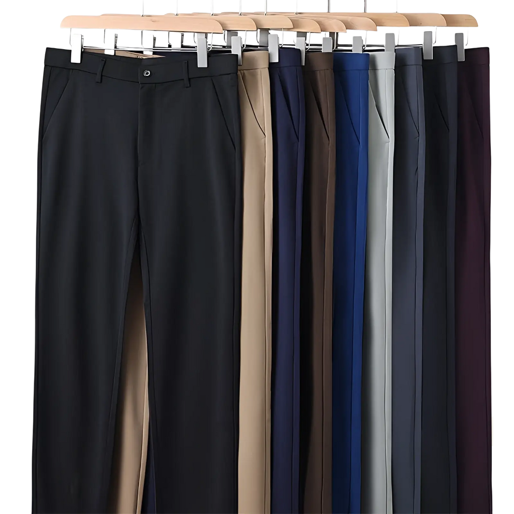 Men’s slim fit ice silk lightweight tailored trousers in black beige navy blue and gray solid colors displayed