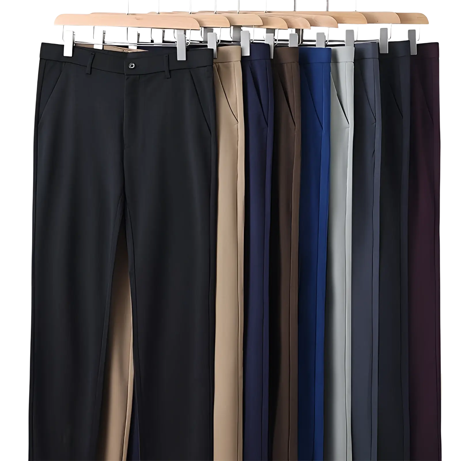 Men’s slim fit ice silk lightweight tailored trousers in black beige navy blue and gray solid colors displayed