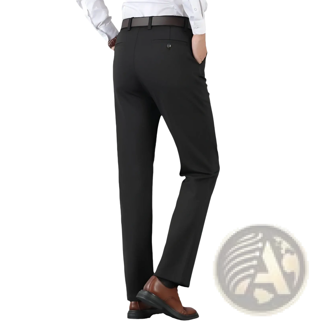 Men’s slim fit ice silk lightweight tailored black trousers with sleek straight-leg cut and subtle stitching details