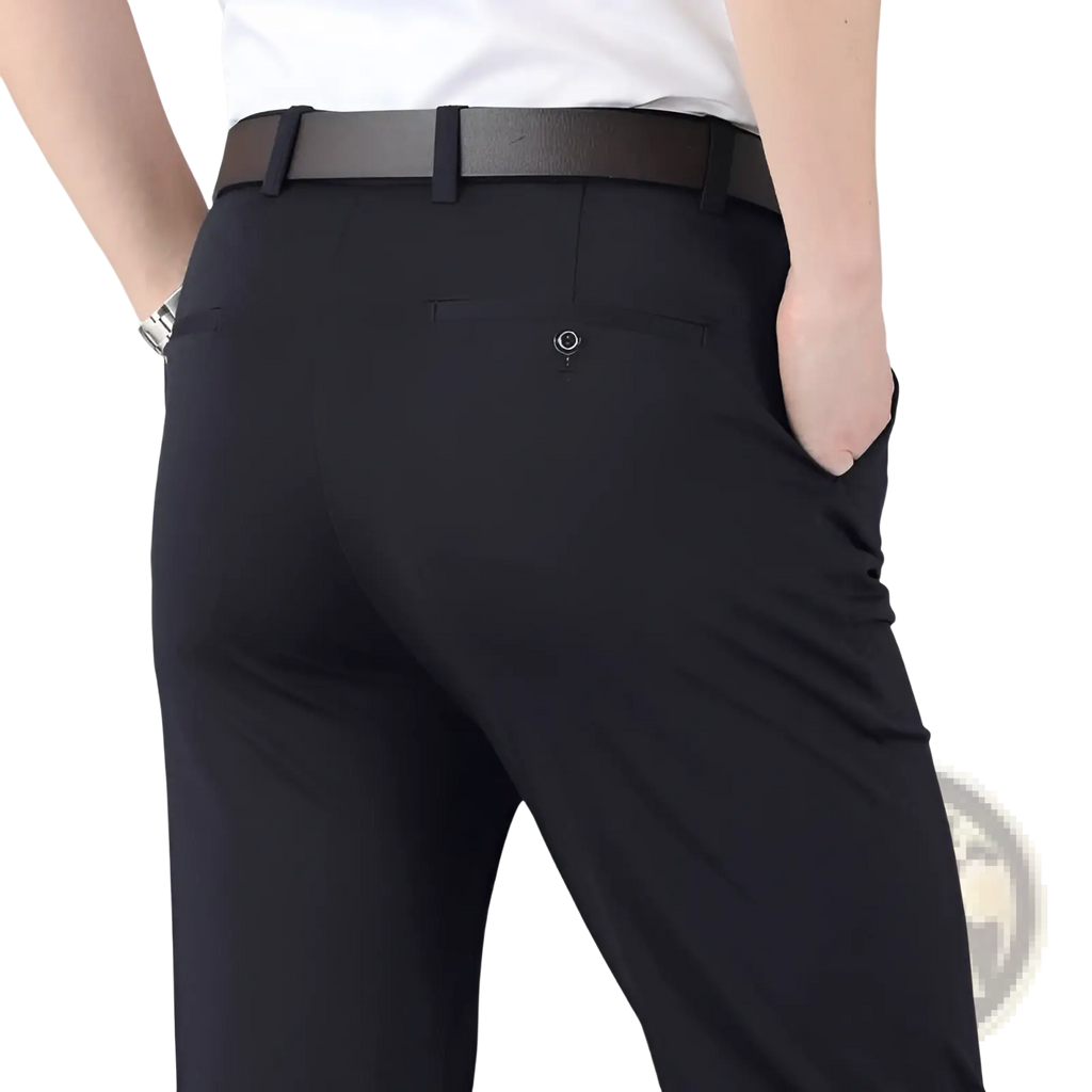 Men’s black slim fit ice silk lightweight tailored trousers with sleek design and subtle stitching details