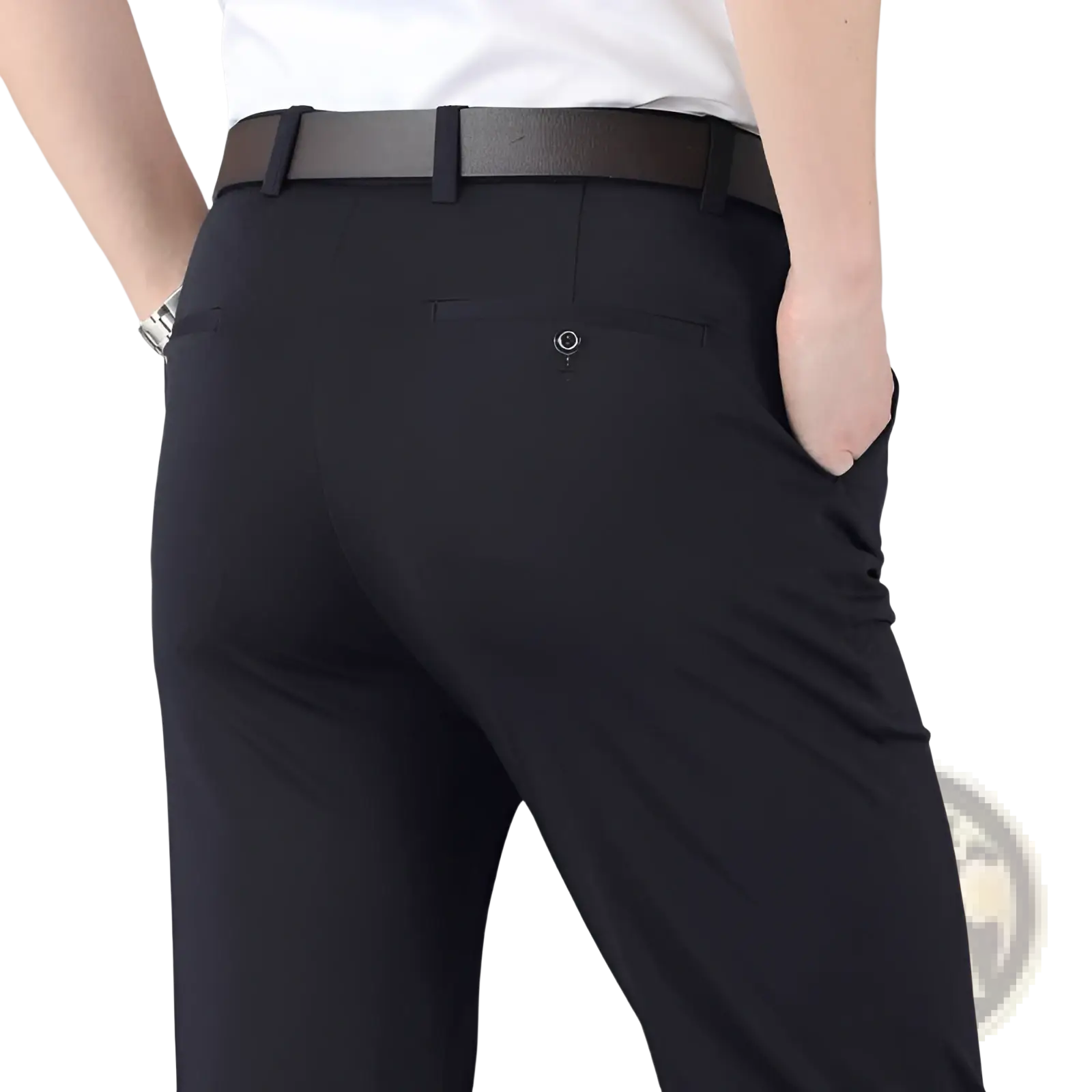 Men’s black slim fit ice silk lightweight tailored trousers with sleek design and subtle stitching details