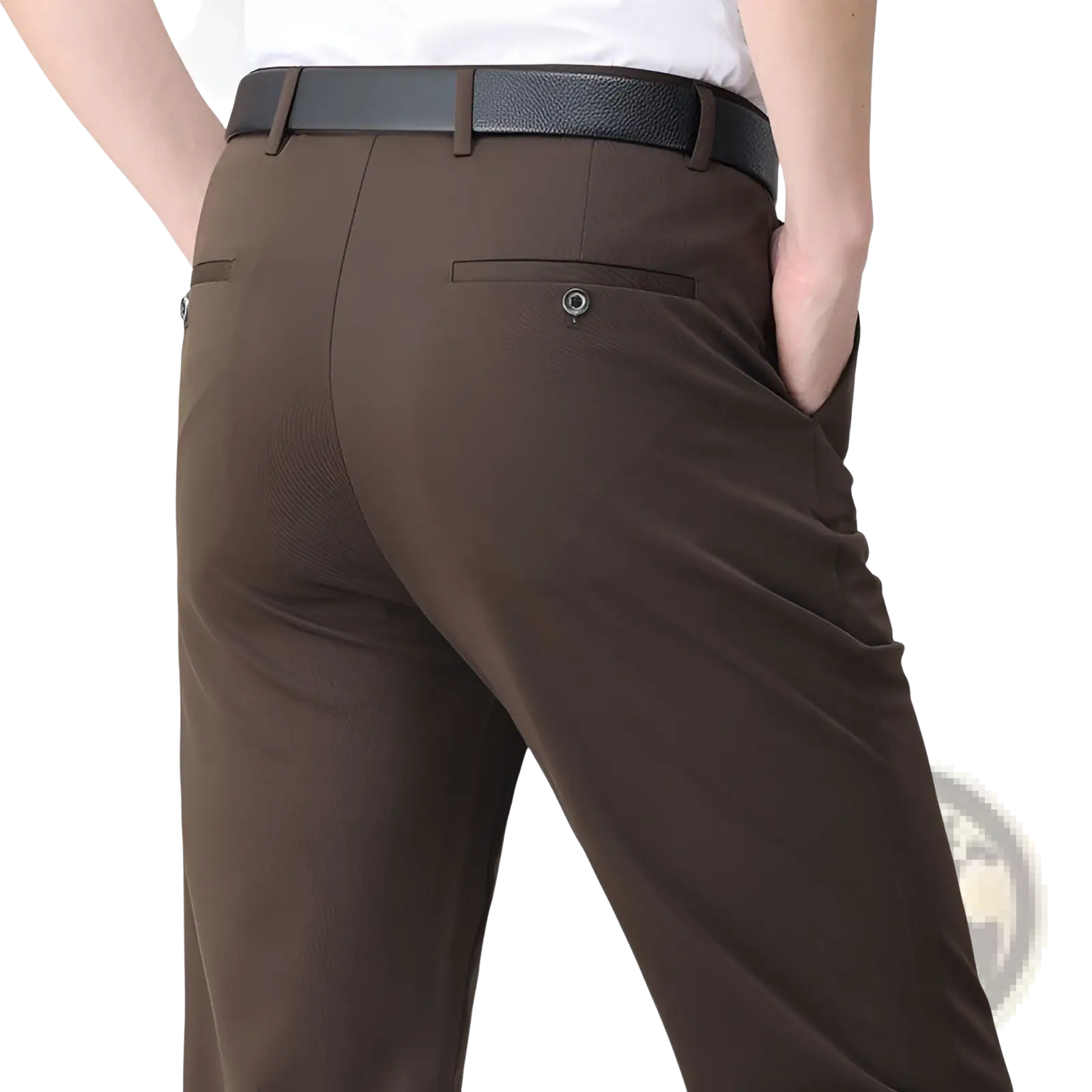 Men’s slim fit ice silk lightweight tailored brown trousers with textured fabric and matching black leather belt