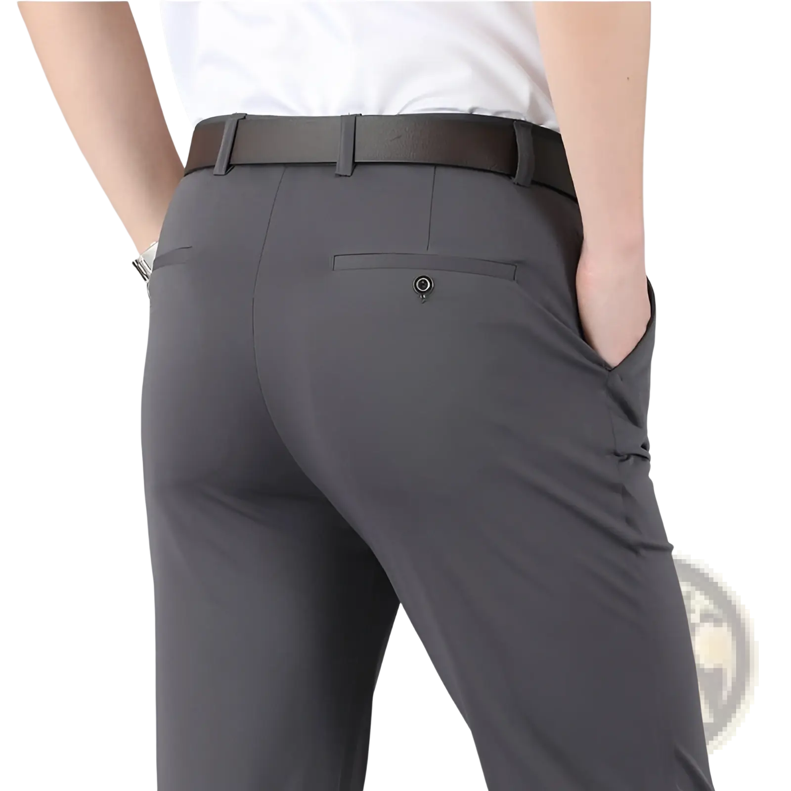 Men’s slim fit gray ice silk lightweight tailored trousers with sleek modern design and subtle stitching details