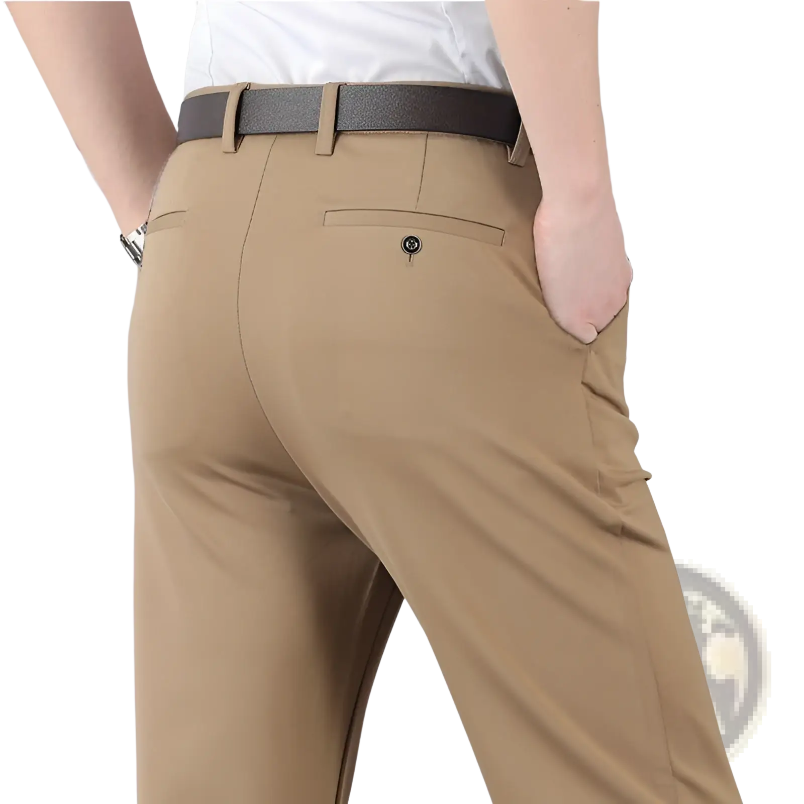 Men’s slim fit khaki ice silk lightweight tailored trousers with subtle texture and dark gray belt