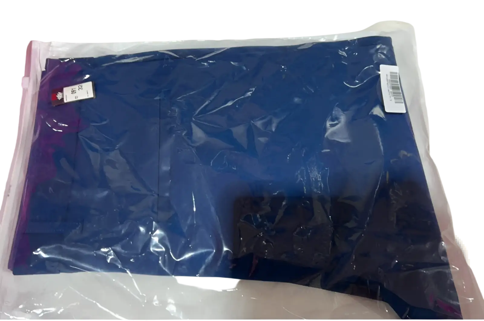 Men’s slim fit ice silk lightweight tailored navy blue trousers with subtle purple and black accents in packaging