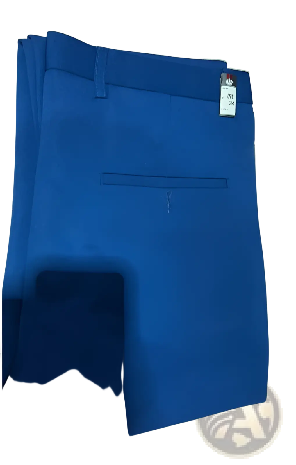 A pair of men’s slim fit royal blue ice silk lightweight tailored trousers with a visible size 34 brand tag