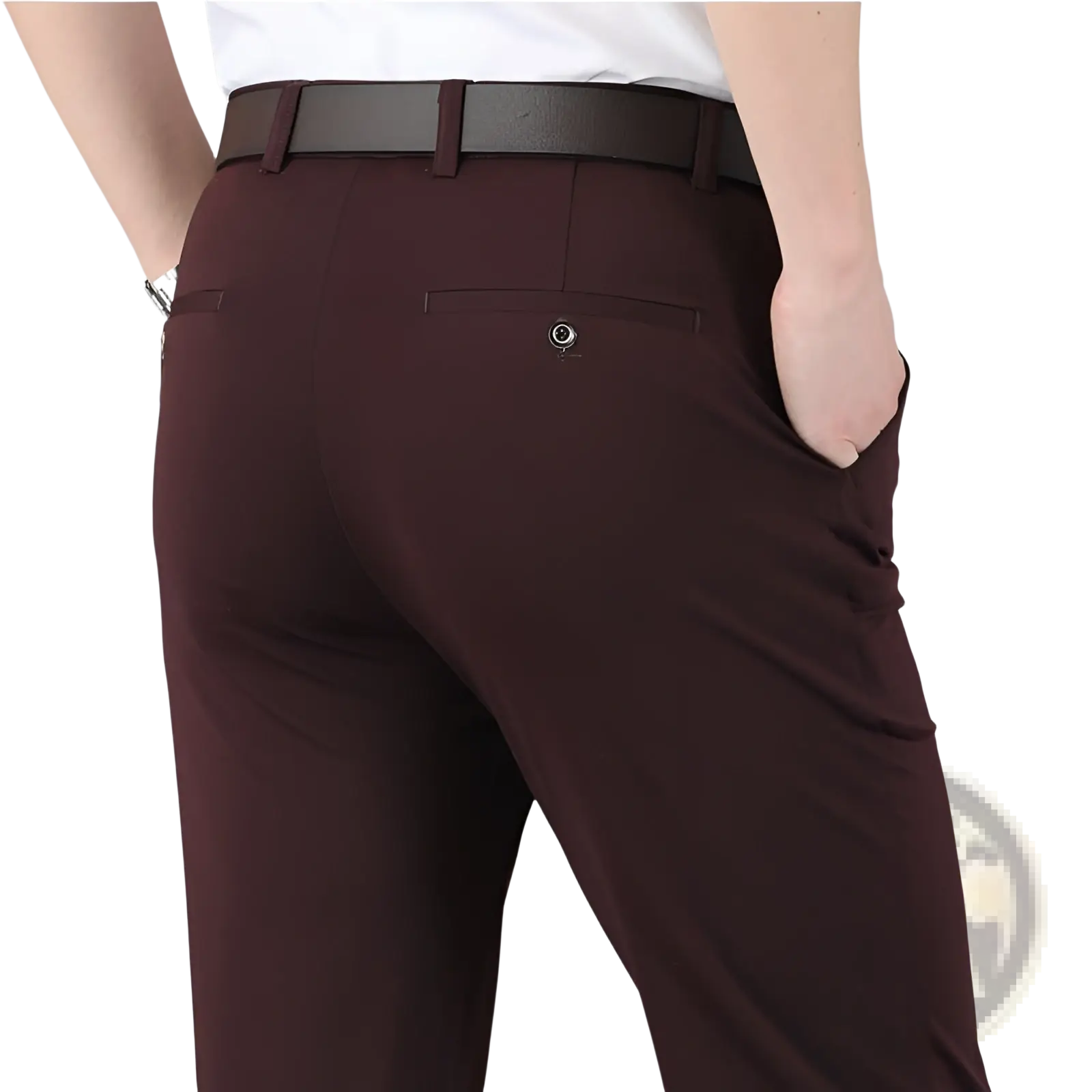 Dark brown slim-fit trousers with a sleek, tailored design and subtle stitching details.