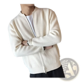 Men’s slim fit cream-colored ribbed knit zip-up cardigan sweater with soft textured fabric and bomber-style collar