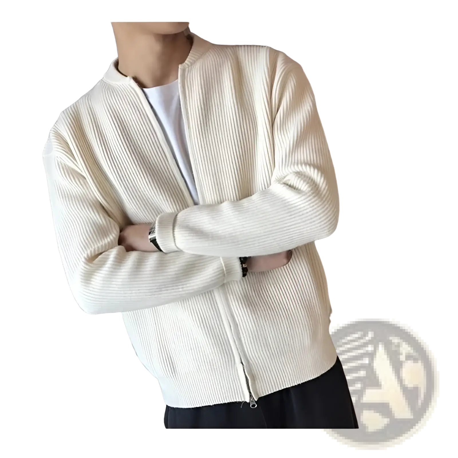 Men’s slim fit cream-colored ribbed knit zip-up cardigan sweater with soft textured fabric and bomber-style collar